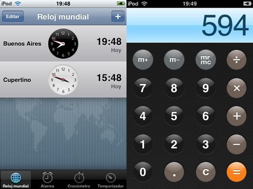 Reloj y calculadora en iPod touch