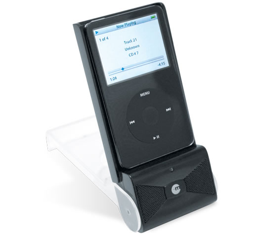 PowerTune de Macally, batería, altavoz, funda y pedestal para iPod todo en uno