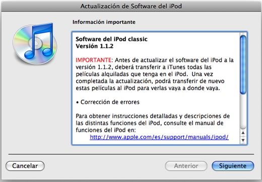 Actualización 1.1.2 del software del iPod Classic